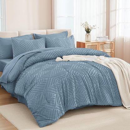 Andency Grayish Blue Super King Plus Size Comforter Set with Sheets - 7 Pieces Bed in a Bag Boho Tufted Bedding Sets Fluffy Lightweight Oversized King Bed Set with Comforter, Sheets, Pillowcases Shams