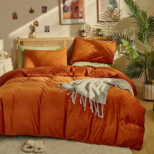 Houseri Burnt Orange Comforter Full Size Velvet, 3 Piece Rust Fluffy Sherpa Bedding Sets Full Comfy Soft Terracotta Fuzzy Flannel Bed Set Girls Boys Warm Fall Winter Caramel Plush Quilt Blanket Full