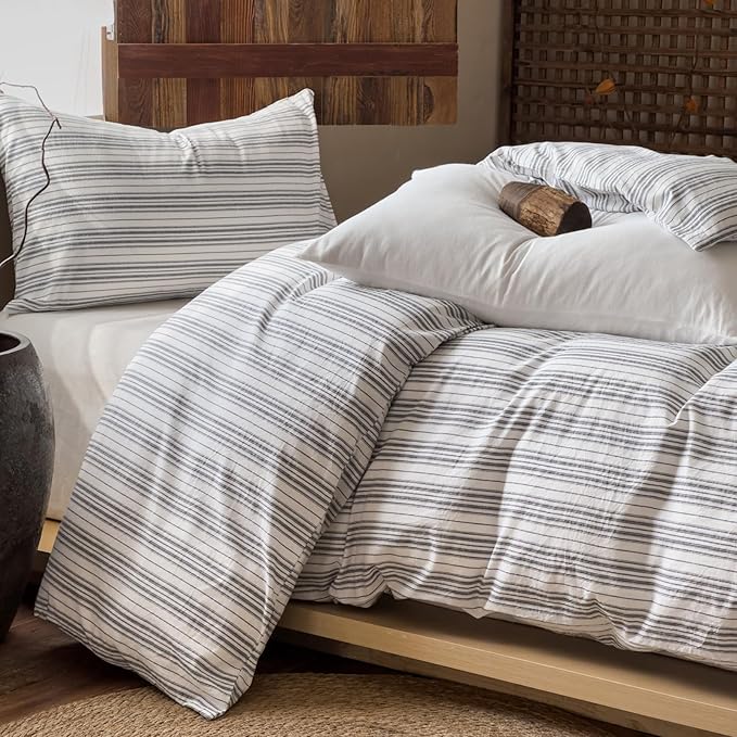 EAVD Retro Grey White Striped Duvet Cover Twin Soft 100% Washed Cotton Reversible Striped Bedding Set with 2 Pillowcases Farmhouse Geometric Pattern Duvet Cover with Zipper Closure