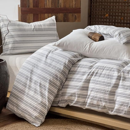EAVD Retro Grey White Striped Duvet Cover Twin Soft 100% Washed Cotton Reversible Striped Bedding Set with 2 Pillowcases Farmhouse Geometric Pattern Duvet Cover with Zipper Closure