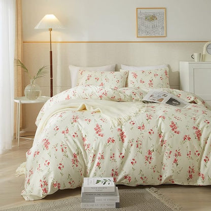 VM VOUGEMARKET Cream Comforter Set Queen Garden Flower Comforter with 2 Pillow Shams Girls Botanical Bedding Set Pink Floral Comforter Set 90x90 Inch