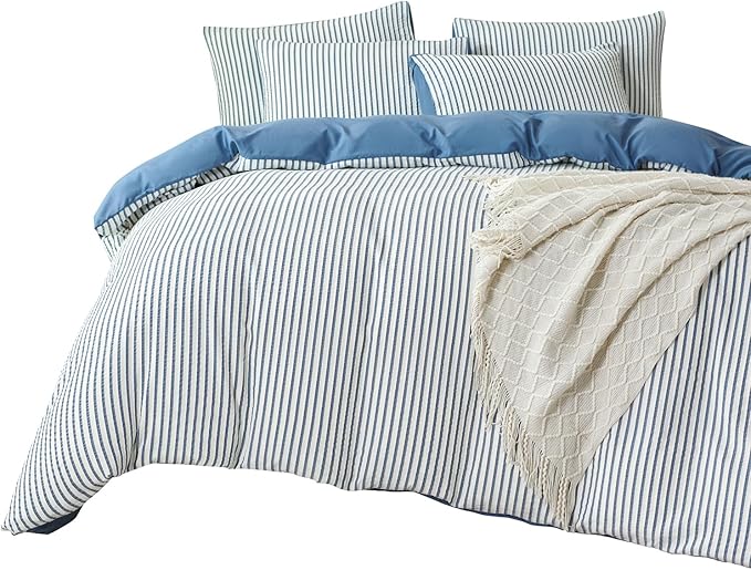 Comforter King Set Denim Blue Striped Soft Luxury Washed Microfiber Jacquard 3 Pieces Bedding, White Denim Blue Vertical Ticking Stripes Comforter with 2 Pillowcases Breathable Durable Comfy
