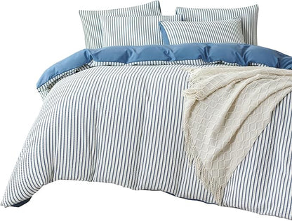 Comforter King Set Denim Blue Striped Soft Luxury Washed Microfiber Jacquard 3 Pieces Bedding, White Denim Blue Vertical Ticking Stripes Comforter with 2 Pillowcases Breathable Durable Comfy
