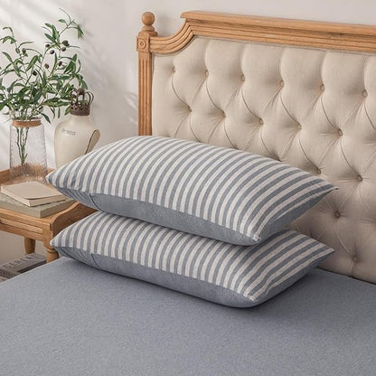 PURE ERA Jersey Knit Pillowcases 100% T-Shirt Cotton Super Soft Comfy Breathable, Set of 2, Queen 20" x 30",Heather Blueish Grey Stripe