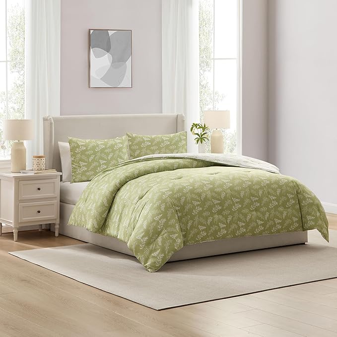 Nestl Queen Comforter Set - Sage Green Bed in a Bag Queen Size, 3 Pieces Reversible Bed Set, Soft Floral Bedding Set, All Season Botanical Comforters with Pillow Shams
