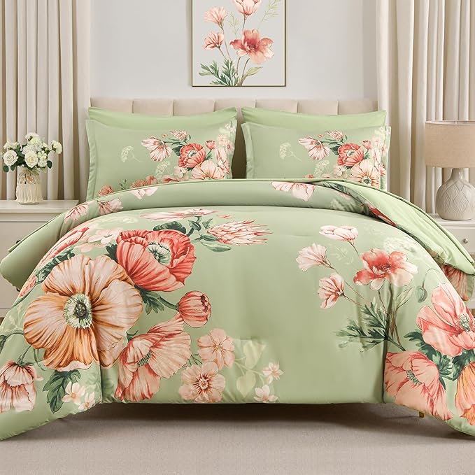 King Size Comforter Set - 7 Pieces Floral Comforter and Sheet Set, Green King Size Bed in a Bag, Soft Microfiber Flower Complete Bedding Set for All Seasons（Green,104"x90"）