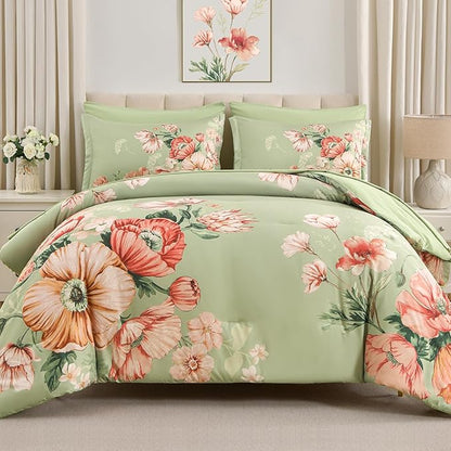 King Size Comforter Set - 7 Pieces Floral Comforter and Sheet Set, Green King Size Bed in a Bag, Soft Microfiber Flower Complete Bedding Set for All Seasons（Green,104"x90"）
