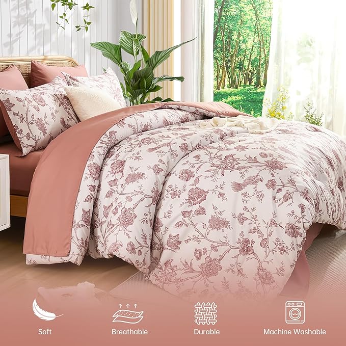 Luxudecor Floral Comforter Set Queen Size 7 Pieces, Blush Pink Flower with Bird Bed in a Bag, Soft Reversible Comforter with Sheet Bed Set 90"x90"