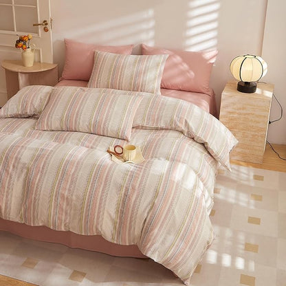 HighBuy King Comforter Set Fluffy White and Pink Striped Bedding Stripes Comforter Set Modern Chic Geometric Comforter with 2 Pillow Shams Stripe Bedding Comforter for Boys Girls All Season