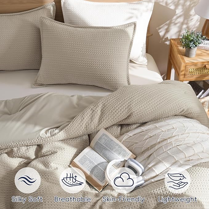 PHF Soft Waffle Comforter Set Queen Size- Comfy Breathable Waffle Weave Comforter with 2 Pillow Shams, 3 Pieces Less Snagging Lightweight Textured Bedding Set for All Season, Natural/Linen