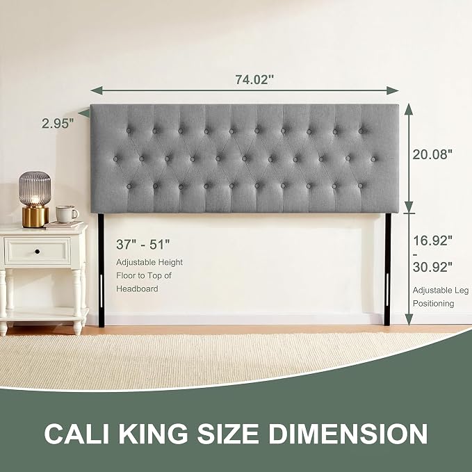 Upholstered Headboard California King, Adjustable Height 37''- 51'', Gray | Sturdy Durable Solid Wood Bed Headboard, Tufted Fabric California King Headboard, Modern Button Diamond Design Head Board