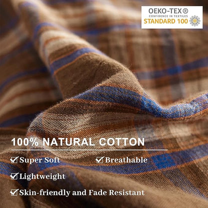 EAVD Vintage Style Brown&Blue Buffalo Plaid Duvet Cover King Soft 100% Cotton Muslin Blue Brown Grid Plaid Bedding Set with 2 Pillowcases Farmhouse Gingham Duvet Cover with Zipper Closure