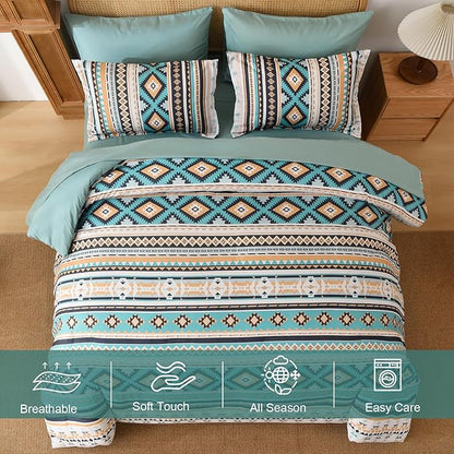 Dinjoy Turquoise Boho Comforter Set Queen Size,7 Pieces Bed in a Bag Queen Aztec Bedding with Sheets Bohemian Geometric Striped Complete Set for Spring Summer Fall Winter 90"x90"