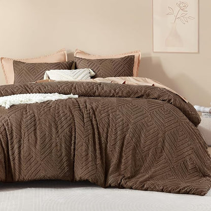 Litanika Brown King Size Comforter Set, 3 Pieces Tufted Boho Farmhouse Bedding Comforter Sets, Lightweight Fluffy Comforter Bed Set for All Season (104x90In Comforter and 2 Pillowcases)