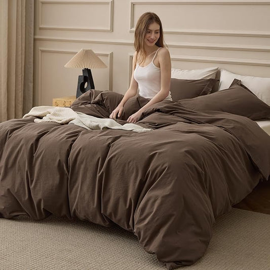 Bedsure 100% Washed Cotton Duvet Cover Queen Size - Brown Minimalist Bedding Set Linen Like - PureWoven Plain Simple & Soft Comforter Cover for All Seasons (Brown, Queen, 90"x90")