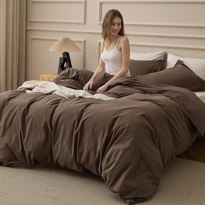 Bedsure 100% Washed Cotton Duvet Cover Cal King - Brown Minimalist Bedding Set Linen Like - PureWoven Plain Simple & Soft Comforter Cover for All Seasons (Brown, California King, 104"x98")