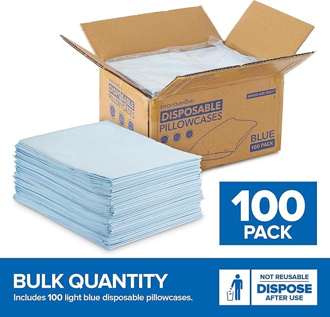 Stock Your Home (100 Count) Disposable Pillow Case Covers, Tissue/Poly 21" x 30" Standard Size, Single-Use Pillowcases with Moisture Barrier in Blue