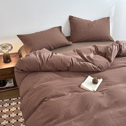 Gingham Full Size Bed Duvet Cover Brown Washed Cotton Comforter Cover Full Plaid Checkered Boho Zipper Duvet Cover Set with Corner Ties Farmhouse Dorm Bedding Set Caramel Duvet Protector