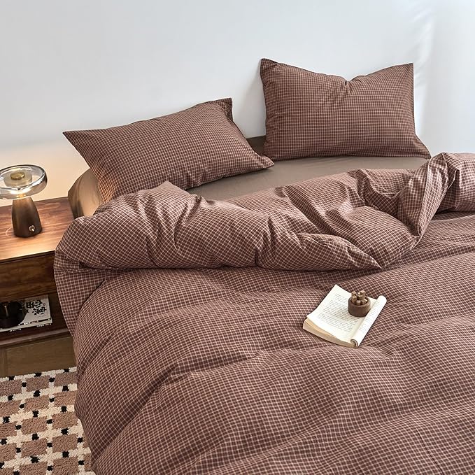 Gingham Queen Size Duvet Cover Set Brown Washed Cotton Comforter Queen Size Cover Plaid Checkered Boho Zipper Duvet Cover Set with Corner Ties Farmhouse Dorm Bedding Set Caramel Duvet Protector
