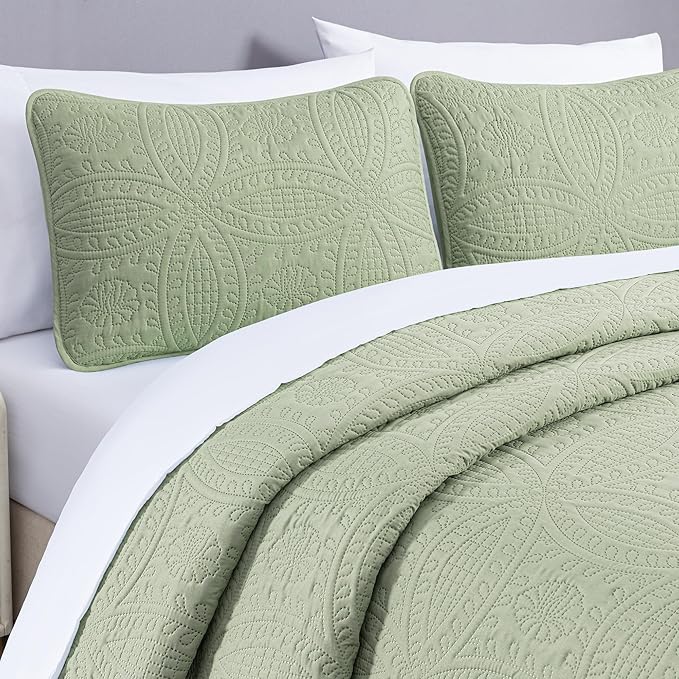 Chezmoi Collection Austin 3-piece Oversized Bedspread Coverlet Set (Queen, Sage) | Oversized, Lightweight, Fade Resistant