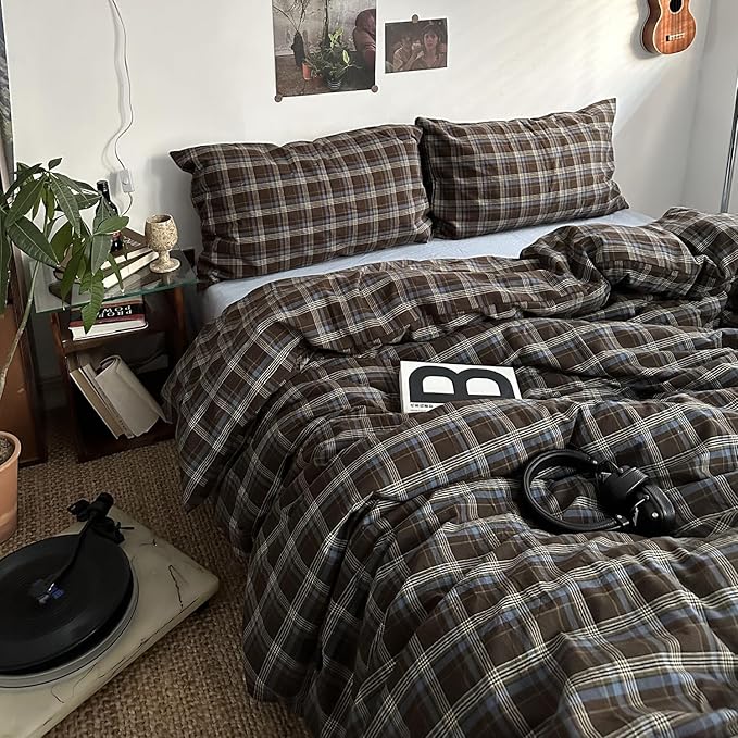 mixinni Vintage Blue & Brown Buffalo Plaid Comforter Set Twin XL Size - 3-Piece Washed Cotton Soft Geometric Checkered Pattern Bedding Set for All-Seasons Lightweight & Breathable-Twin XL Size