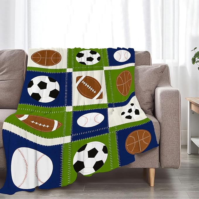 Ball Blanket Super Soft Warm Fluffy Fleece Flannel Baseball Basketball Soccer Football Sports Throw Blanket Cozy Fuzzy Plush Stuff Bedding Blankets Gifts for Teens Boys Kids Girls Adults 60"X50"