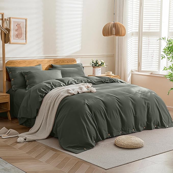 JELLYMONI Cotton Duvet Cover Twin XL Size - Gray Comforter Cover with Button 100% Washed Cotton 2PCS Breathable Soft Solid Bedding Set Duvet Cover 66×92in & 1 Pillowcase (NO Comforter)