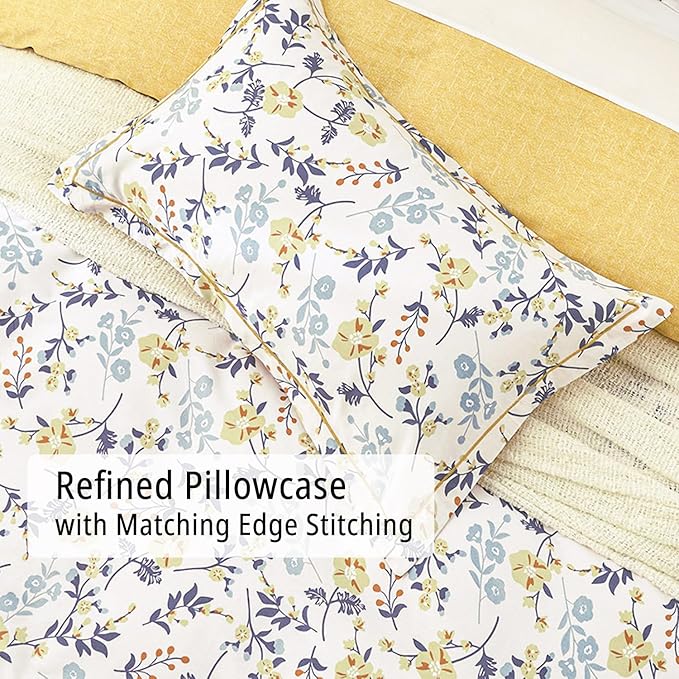 Yellow Floral Cotton Comforter Queen Size - Refreshing Design with Blue, Orange & Slate Gray Botanical Pattern on Off White,3PC Lightweight Bedding Set with Ultra-Soft Alternative Fill (Queen)