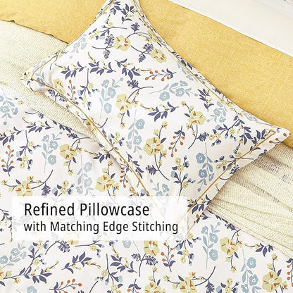 Yellow Floral Cotton Comforter King Size - Orange, Blue & Slate Gray Botanical Pattern on Off White, Reversible Design, 3PC Lightweight Bedding Set with Soft Alternative Fill (King)