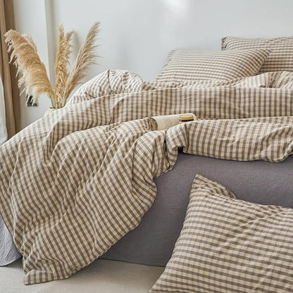 LifeTB Grey Gingham Duvet Cover Twin 3 Pieces Modern Grid Duvet Cover 100% Washed Cotton Vintage Plaid Checkered Comforter Cover with 2 Pillowcases Soft Grid Farmhouse Gingham Bedding Set