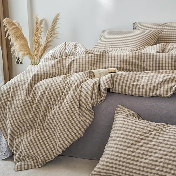 LifeTB Grey Gingham Duvet Cover Full Size 3 Pieces Grey Beige Grid Duvet Cover 100% Washed Cotton Plaid Checkered Comforter Cover Luxury Soft Breathable Farmhouse Gingham Bedding Set Full