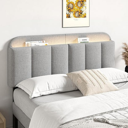 Adjustable Headboard for Full/Queen Size Bed Frame, Linen Fabric Bed Headboard with Storage & RGB LED Light in Modern Vertical Channel Design, Light Grey