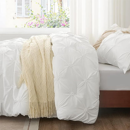 BEDELITE White Queen Comforter Set - 3 Pieces Boho Pintuck Bedding Comforter Sets, Lightweight Soft & Warm Bed Comforter Queen with 2 Pillowcases for All Season
