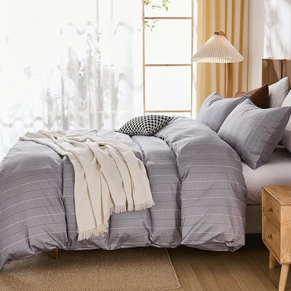 Merryword 100% Cotton Stripe Duvet Cover Set King Size - Gray Striped Duvet Cover Set with Zipper Closure & 8 Corner Ties, Modern Minimalist Wide Stripe Bedding Set for Cozy Elegant Bedroom