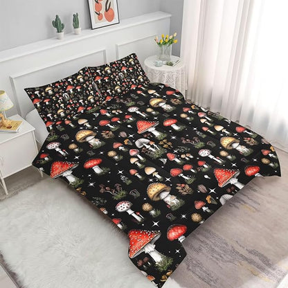 Mushroom Bedding Set King Size Black Burgundy Plant Comforter for Girls Boys Women Bedroom Decor Vintage Woodland Quilt Bed Sets, 1 Comforter 2 Pillowcases
