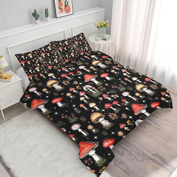 Mushroom Comforter Set Full/Queen Size Black Burgundy Plant Bedding for Kids Girls Teen Women Bedroom Decor Woodland Quilt Bed Sets, 1 Comforter 2 Pillowcases