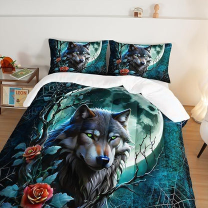 Wildlife Themed Bedding Wolf Comforter Set,Spooky Spider Web Vine Print Comforter King Kids Bed in a Bag,Moonlight Aesthetic Bedding Sets for Boys Teens Room Decor with 2 Pillowcases.
