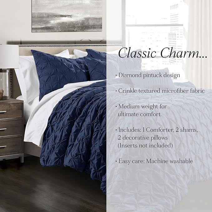 Lush Decor Ravello Pintuck Comforter Set - Luxe 5 Piece Textured Bedding Set - Traditional Glam & Farmhouse Inspired Bedroom Decor - King, Navy