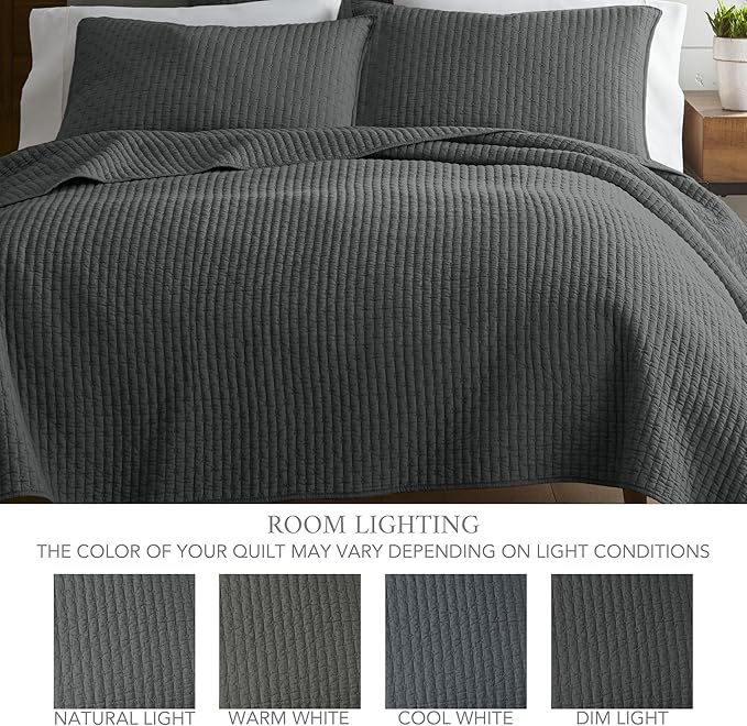 Levtex Home Cross Stitch Reversible Queen Bedspread Set (104x106in) with 2 Pillow Shams (26x20in) - Stitch Texture - Charcoal - Cotton Queen Size Bedspread Set - Lightweight, Soft, Pre-Washed