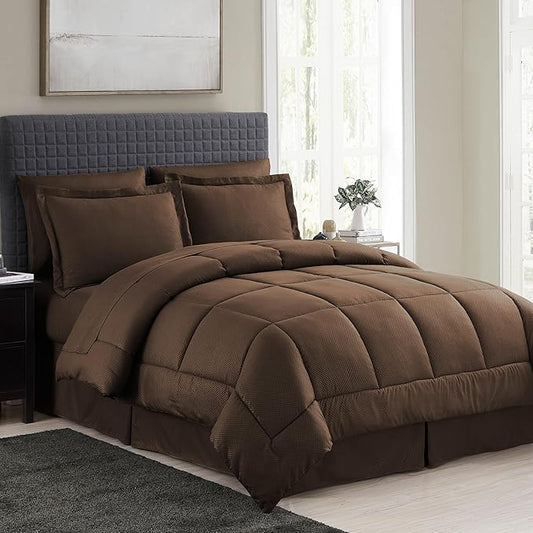 Queen Comforter Set 8 Piece Bed in a Bag with Bed Skirt, Fitted Sheet, Flat Sheet, 2 Pillowcases, 2 Pillow Shams, Queen, Checkered Chocolate