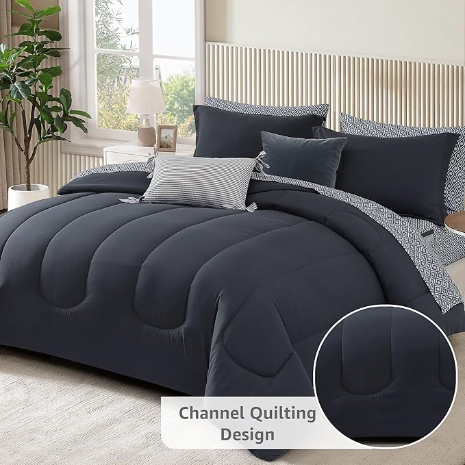 Monbix Full Size Comforter Set - 7 Pieces Bed in a Bag Full, Blue Grey Track Stitching Bedding Sets with Comforter, All Seasons Comforter Bed Set with Sheets, Pillowcases & Shams