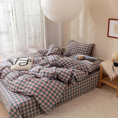 Modern Plaid Grid Duvet Cover King 3 Pieces Washed Cotton Duvet Cover Pink Purple Plaid Bedding Set Checkered Printed Comforter Cover with Zipper Closure Lightweight Soft Plaid Duvet Cover Set King