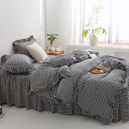 mixinni Black White Gingham Ruffle Duvet Cover Queen Size 3 Pieces – 100% Washed Cotton, Vintage Plaid Ruffled Bedding Set with Zipper Ties, Soft Checkered Grid Farmhouse Chic Comforter Cover Set