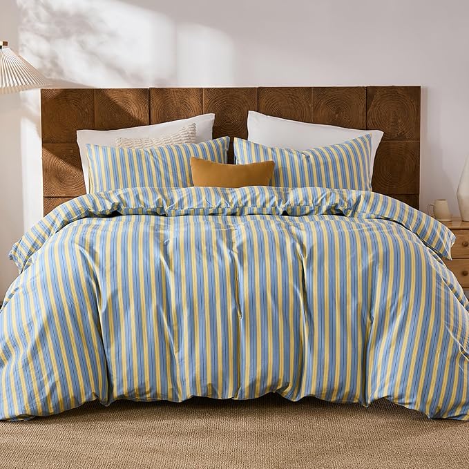 Merryword 100% Cotton Duvet Cover Set Queen Size, Blue & Yellow Striped Bedding Set with Zipper Closure and 8 Corner Ties, Modern Coastal Style Comforter Cover Set 3 Pieces