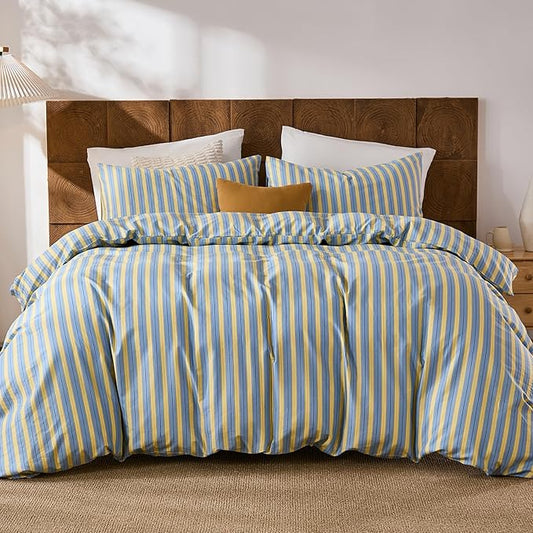 Merryword 100% Cotton Duvet Cover Set Queen Size, Blue & Yellow Striped Bedding Set with Zipper Closure and 8 Corner Ties, Modern Coastal Style Comforter Cover Set 3 Pieces
