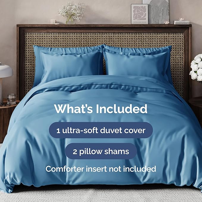 Duvet Cover Queen Size Set - Extra Soft Queen Duvet Cover 90" x 90" with 2 Pillow Shams - Hotel Luxury, Easy Care & Fade Free w/ Zipper Closures & Ties - All Season, Comfy & Breathable (Denim Blue)