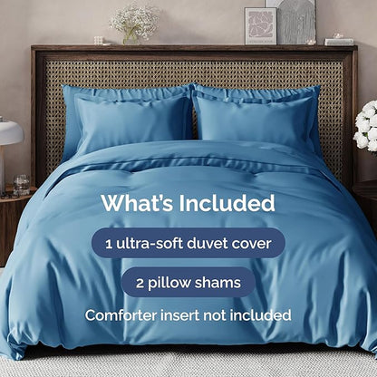 Duvet Cover Queen Size Set - Extra Soft Queen Duvet Cover 90" x 90" with 2 Pillow Shams - Hotel Luxury, Easy Care & Fade Free w/ Zipper Closures & Ties - All Season, Comfy & Breathable (Denim Blue)