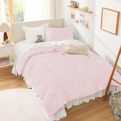 Andency Pink Gingham Comforter Set Queen(90x90Inch), Blush Checkered Grid Plaid Buffalo Bed Set for Girls Boys Kids Teens, 3 Pieces Lightweight Polyester Geometric Preppy Bedding