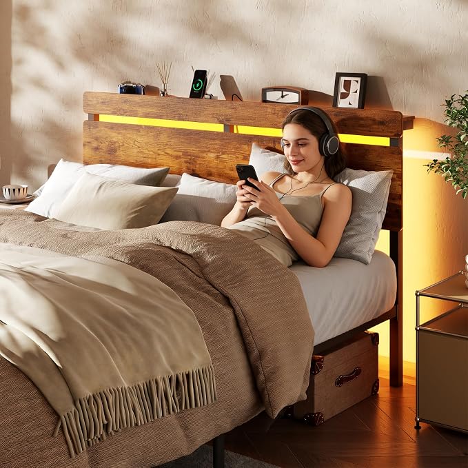 Forestell Full Size Bed Frame with Wood Headboard,2 Storage Drawers & Shelf | Built-in Charging Station & LED Lights, Metal Support, No Box Spring Needed, noise-free, easy assembly, Smart RGB, USB+Type-C