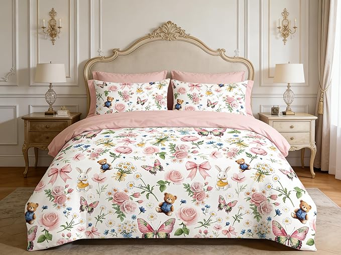 Pink Floral Comforter Set King Size for Girls, 3Pcs Light Pink Bow Butterfly Bedding for Priness Girly Bedroom Decor, Cute Rabbit Bear Quilt Set with 2 Pillowcases, 104"x90"